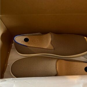 Rothy's Slip-On Sneakers in Brown with Blue Trim